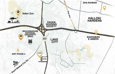 IRIS Tower location map showing Lake City, Ring Road, DHA Rahbar, Halloki Gardens, Khayaban-e-Ameen, BNU, Safari Zoo and surrounding destinations